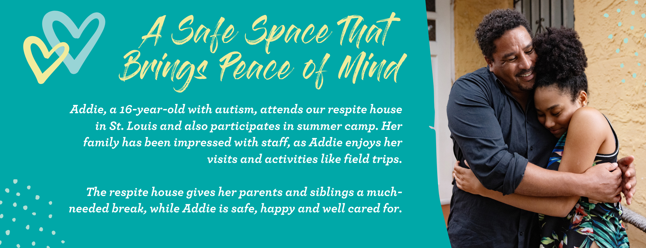 Graphic highlighting St. Louis autism respite services, sharing Addie’s story and how the respite house provides safe care and peace of mind for families.