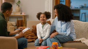 Foster care case manager meeting with a family during a routine home visit.